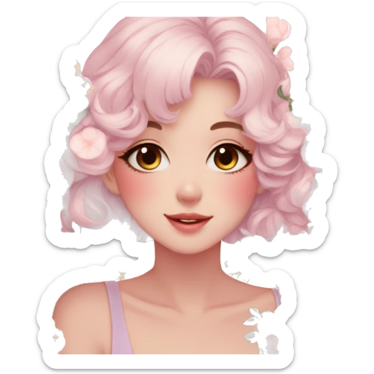 Gorgeous pastel anime style lady with blushing face and flowers aesthetic trending style sticker