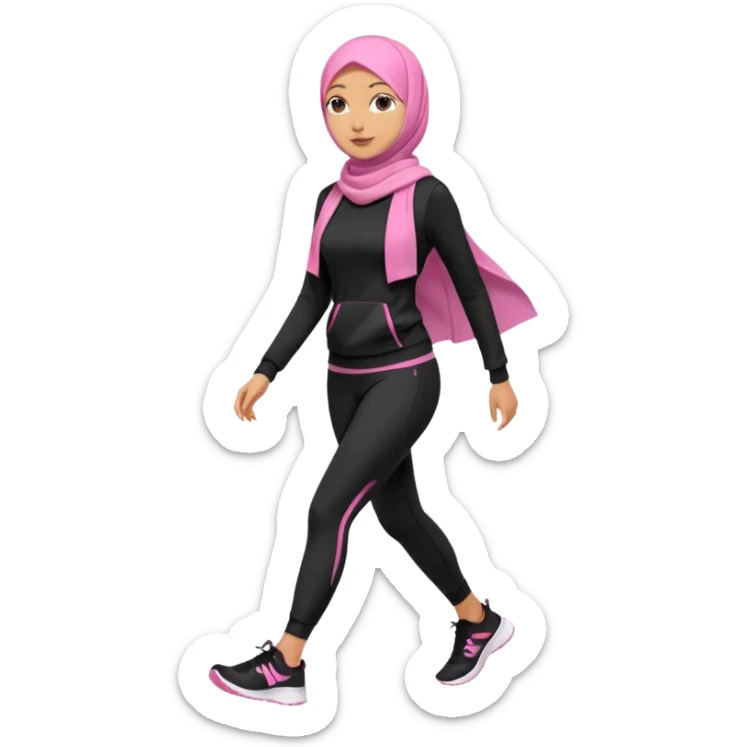 tan skin, hijabi young women in pink hijab, going for walk in black active wear clothing full body, walking  sticker