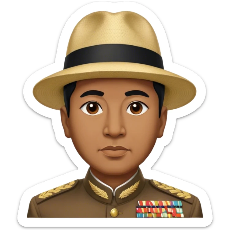 ​Cinematic Realistic Portrait of Sukarno, depicted in a lifelike, realistic style based on his iconic portrait, showcasing his thoughtful, charismatic expression in period attire, rendered with detailed textures and warm, evocative lighting that captures his pioneering spirit and national pride, sticker