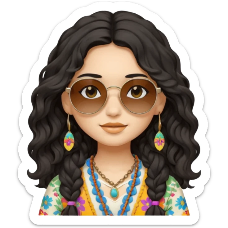 girl in hippies clothes, wearing sunglasses, black wavy hair sticker