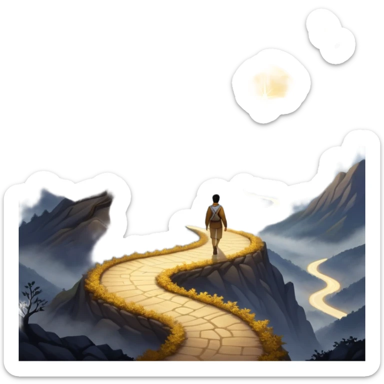 A man walks a winding path from a dark, foggy landscape filled with shadows toward a glowing mountaintop. A light grows in his chest as he follows his intuition. Along the way, he passes symbols of ambition and emptiness, until he reaches a golden tree under a starry sky, and ready to uplift others. sticker