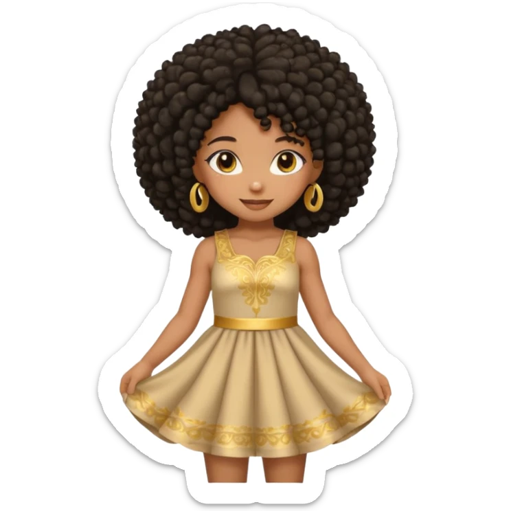Create a black chibi girl with long afro hair and beautiful gold eyes with a smile sticker
