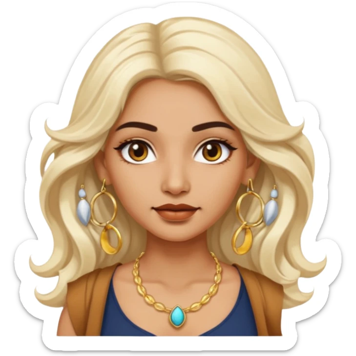 Attractive indian woman with a wide face, baddie look, Long wavy white-blonde hair and gold hoop earrings sticker