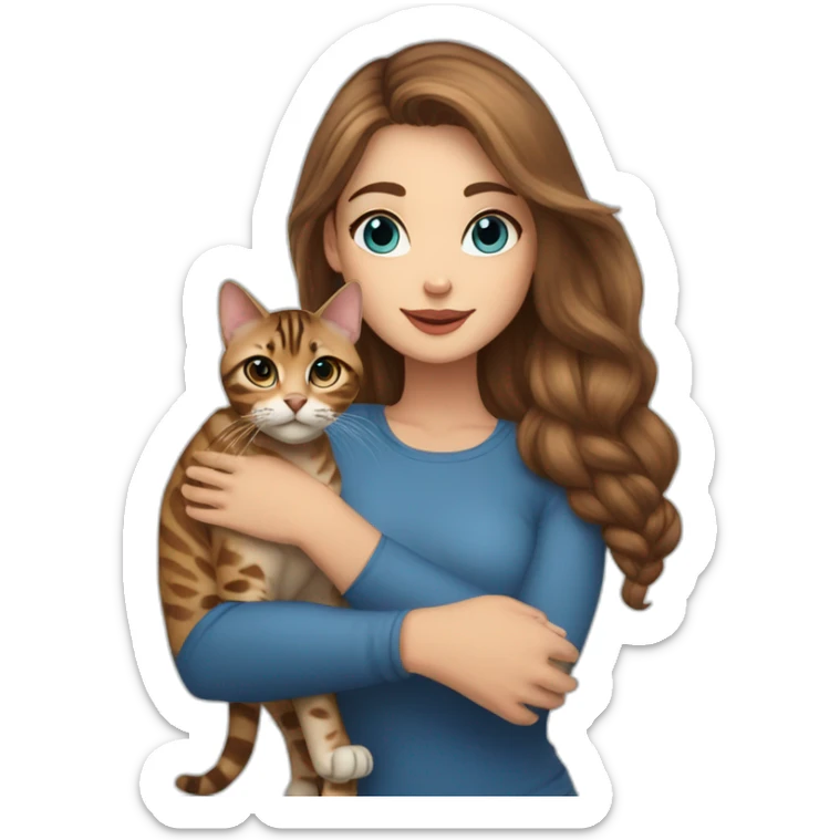 a beautiful girl with brown hair and blue eyes holds a Bengal cat in her arms sticker