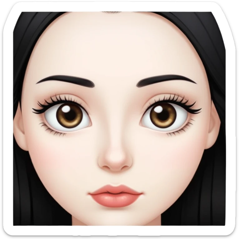 Girl with dark black hair,pale skin,good lips,good nose,big dark eyes and long eyelashes and tiny dark eyebrows, sticker