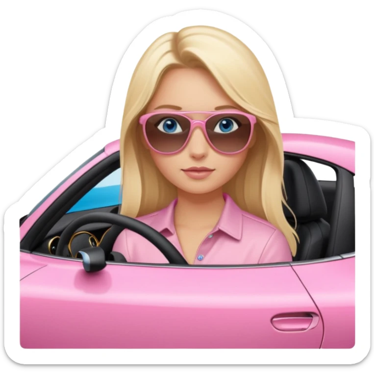 Blonde girl with blue eyes sitting infront of a pink porsche taycan sticker