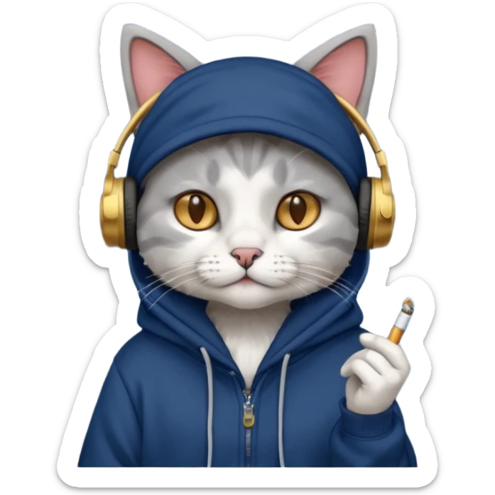 cat in headphones, in a dark-blue oversized hoodie with a cigarette in his hand  sticker