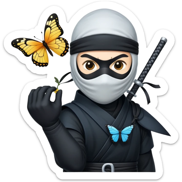 Crea una imagen con estos dos emoji 🥷🏻🦋
él ninja de piel blanca con la mariposa posada en el hombro como si estuviera volando. sticker
