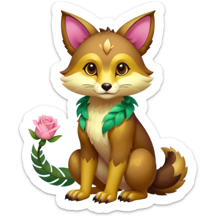 Colorful brown with rose pink, yellow-beige-cream, jade-green tropical exotic shiny beautiful fantasy-Vernid-Cacomistle-animal-Fakémon-hybrid-fursona (full body) sticker