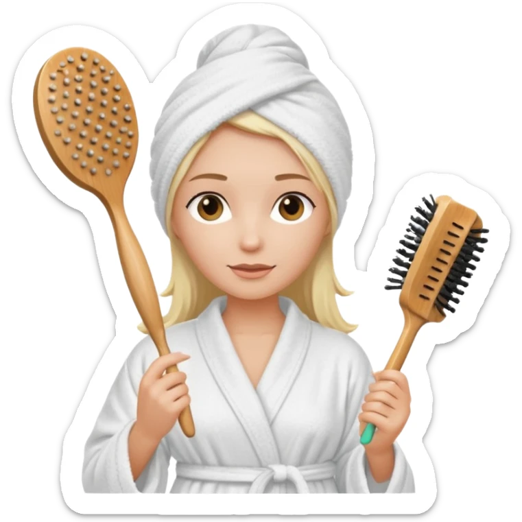 Women wearing shower robe an their hair with towel holding a brush sticker