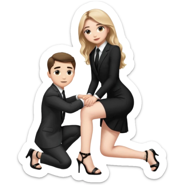  Sabrina carpenter kneeling down wearing a black dress with a tie with black heel sandals, putting her hand on man’s leg  sticker