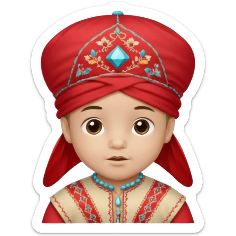  baby boy dressed in colorful ghalibiya with delicate decorations with a red Moracain hat  sticker