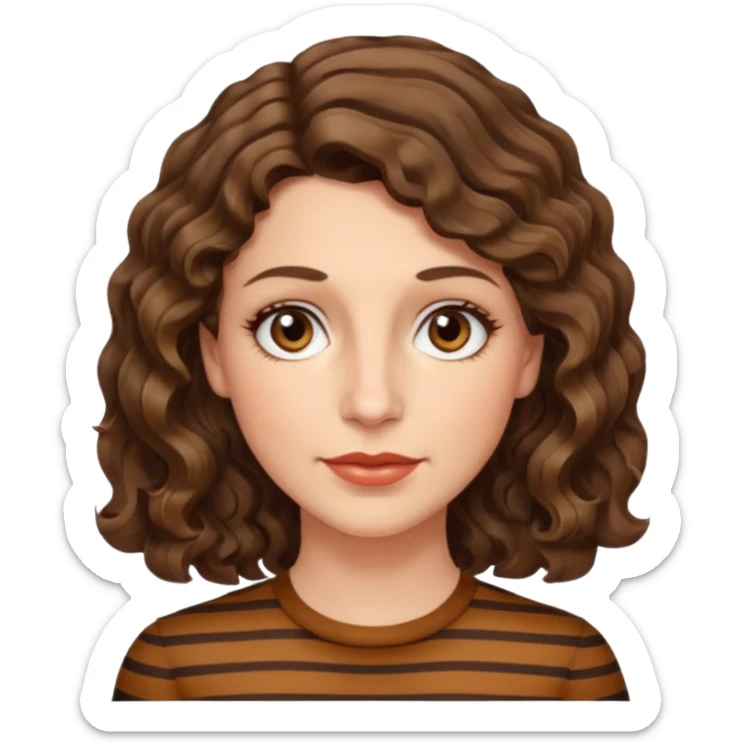 caucasian woman, 40s, chin-length wavy/curly/unruly brown-ish, few white stripes hair, hazel eyes sticker