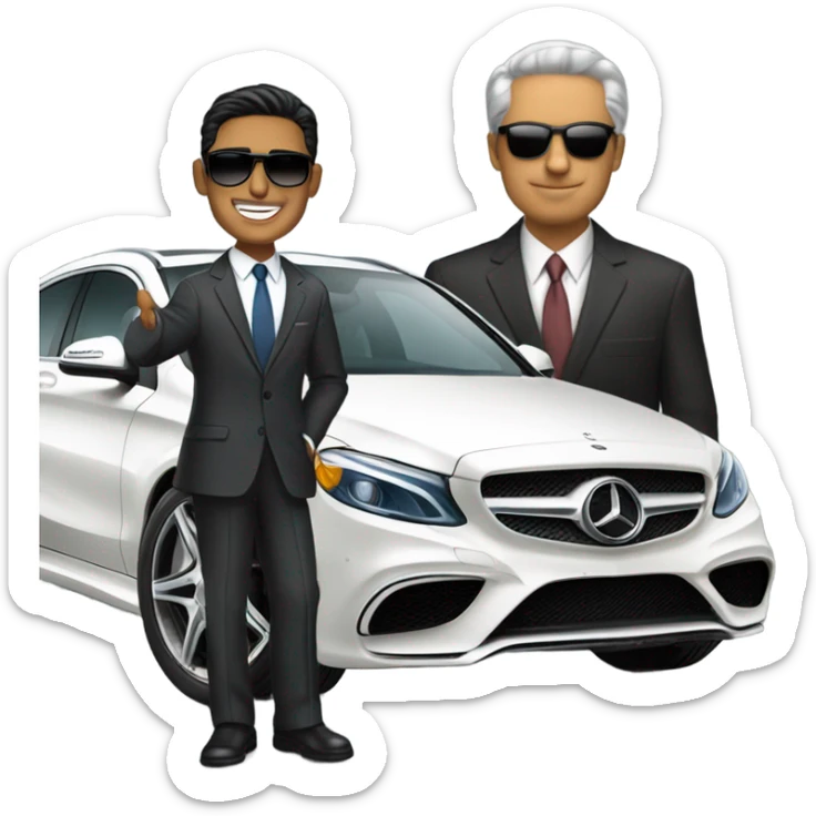 Latino Businessman with sunglasses standing in front of Mercedes sticker