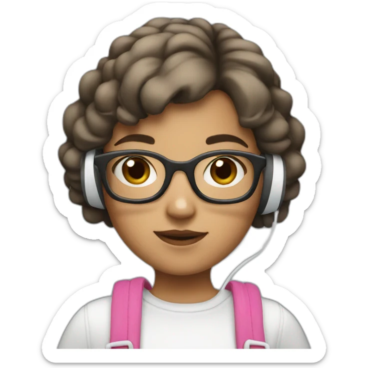 young girl with gray glasses and a short brown haircut with white headphones and a pink bag sticker