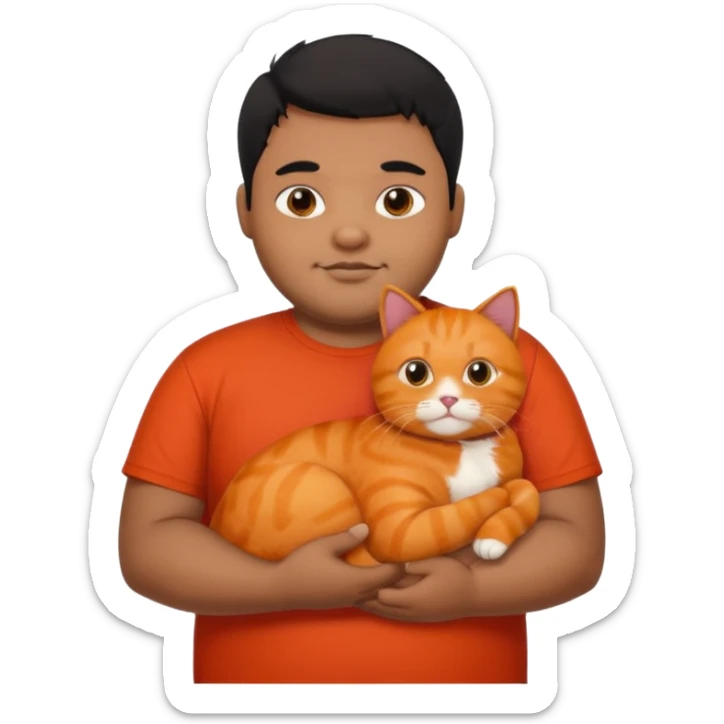 Indian black chubby guy with black hair in red t-shit with orange cat sticker