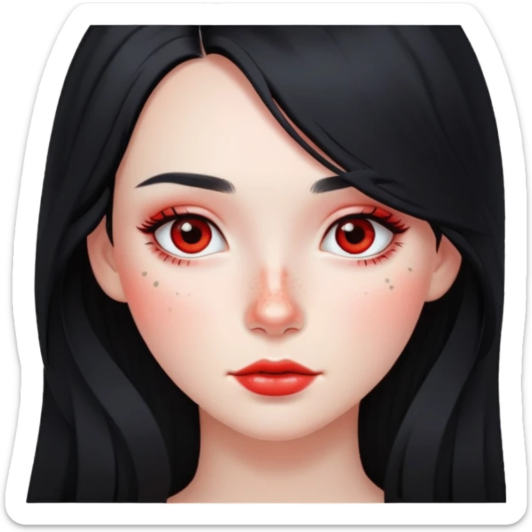 girl with long black hair, soft makeup, and red freckles across her cheeks sticker