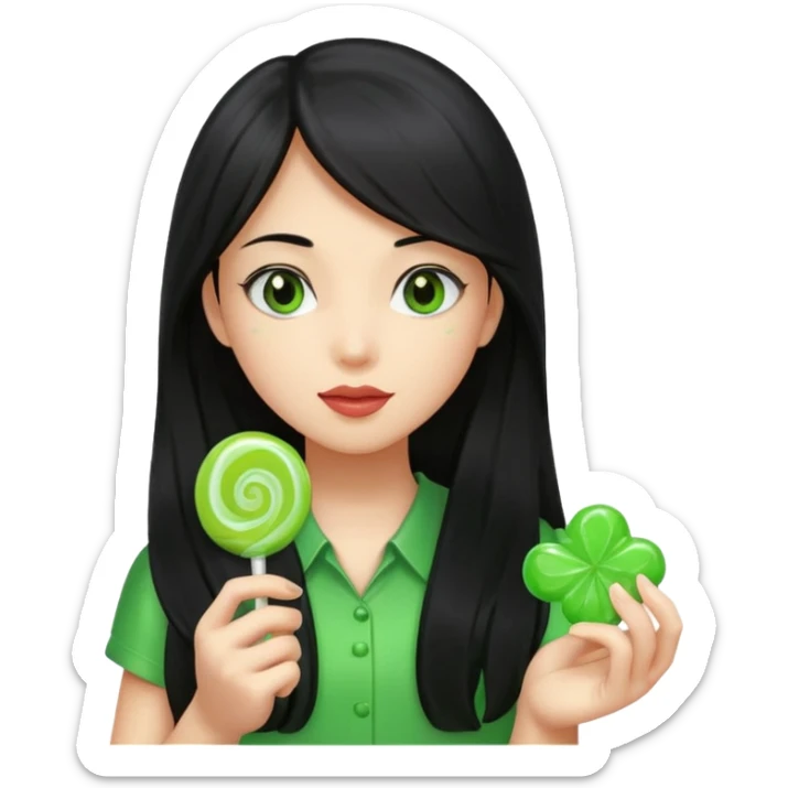 A girl with long black hair holding a piece of green hard candy in one hand and a green candy wrapper showing a guava on it in the other hand sticker