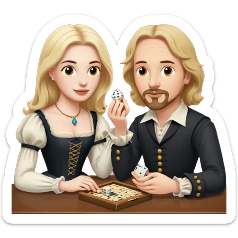 Can you make an emoji of William Shakespeare and Anne Hathaway (his wife-1582) playing Yahtzee. She needs to be blonde!  sticker