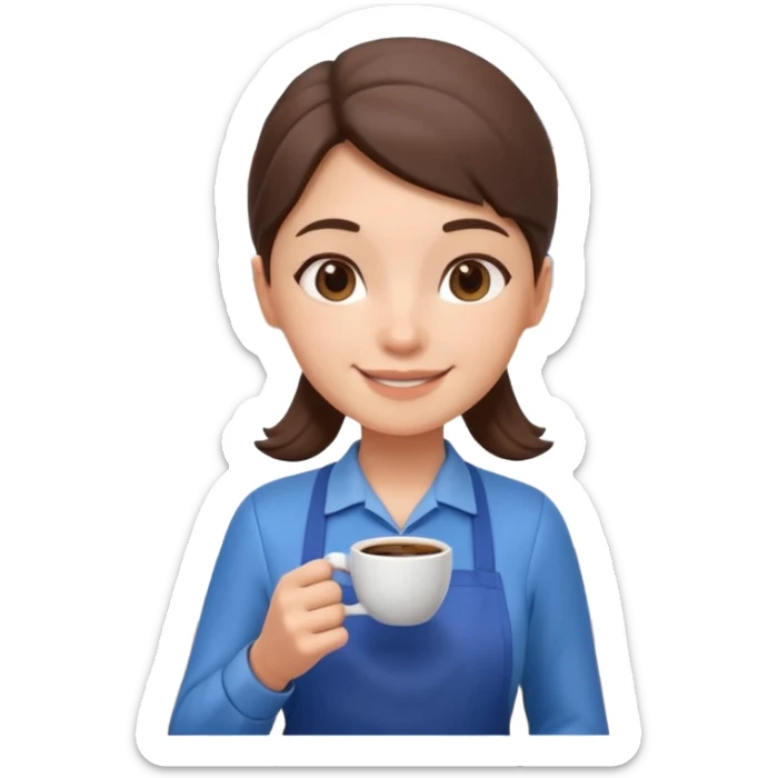 cute barista portrait, head and shoulders only, wearing apron, coffee shop uniform, friendly smile, holding a small coffee cup, 3D cartoon, mobile game icon style, clean background, no text, no watermark
 sticker