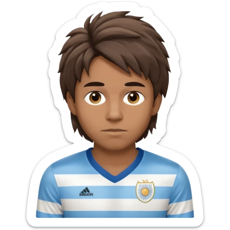 Hola hace una persona morocha con pelo mediano pero no peinado y ojeras con remera de Argentina sticker