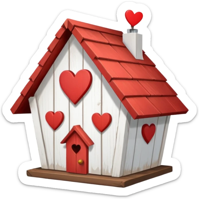 a birdhouse with a red roof with the rest white and a heart at the top but below the roof sticker