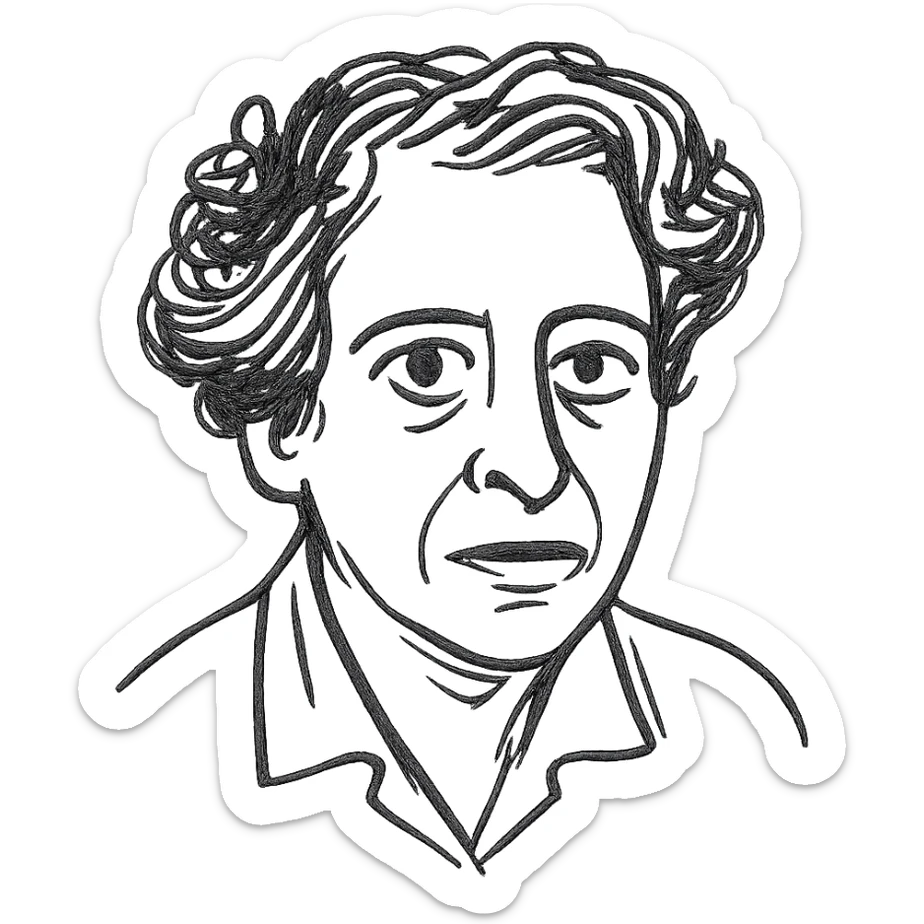 a hand drawn black outline portrait of Hannah Arendt with similar size eyes based a famous photograph of her sticker