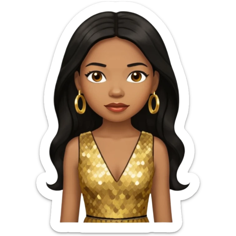 Michelle Williams R&B Singer, Long Black Hair, Medium Dark Skin, Brown Eyes, Gold Dress with earrings sticker