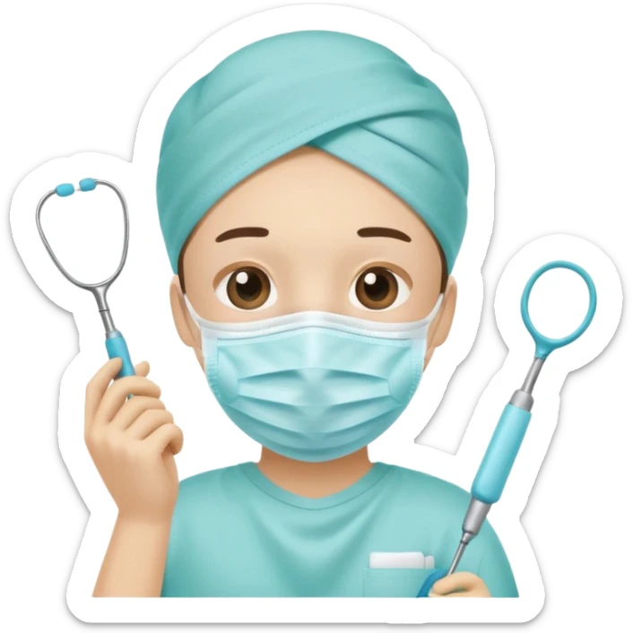 Tooth character wearing a medical face mask, holding dental equipment, clean flat illustration, simple emoji design, suitable for Canva.” sticker