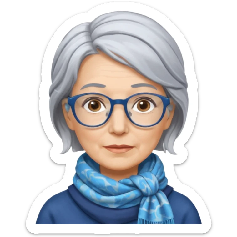 Older woman, shoulder length gray hair, wearing a scarf tied behind head, marbled blue rectangular glasses  sticker