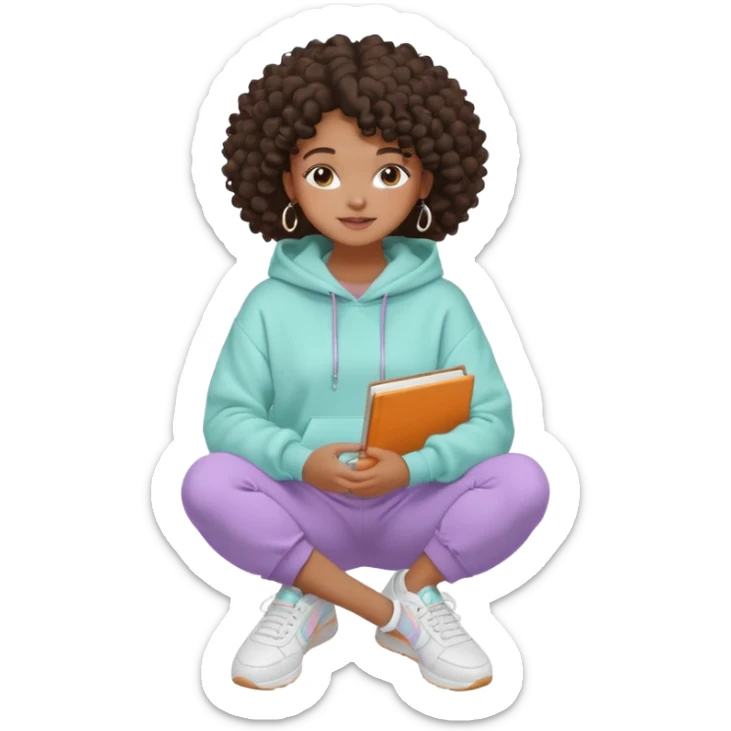 Black girl, clean girl aesthetic, 4C curly hair in a puff, pastel hoodie, white sneakers, minimal jewelry, soft smile, cozy vibe, bright colors, Apple-style she is studying  sticker