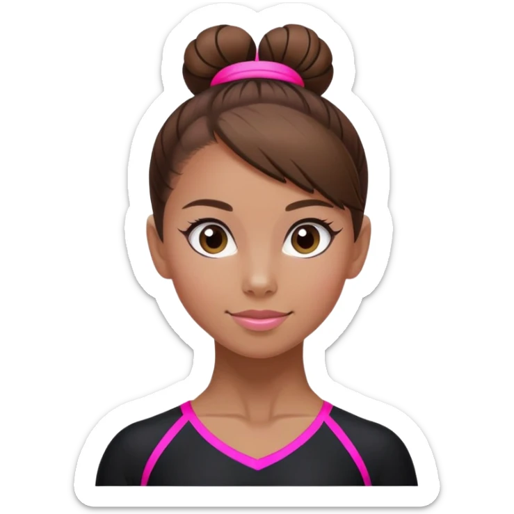 A female gymnast with brown hair in a neat bun, wearing a black uniform with neon pink elements. sticker