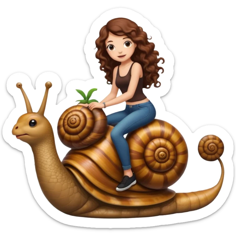 cute woman long curly brown hair tattoos riding giant snail sticker