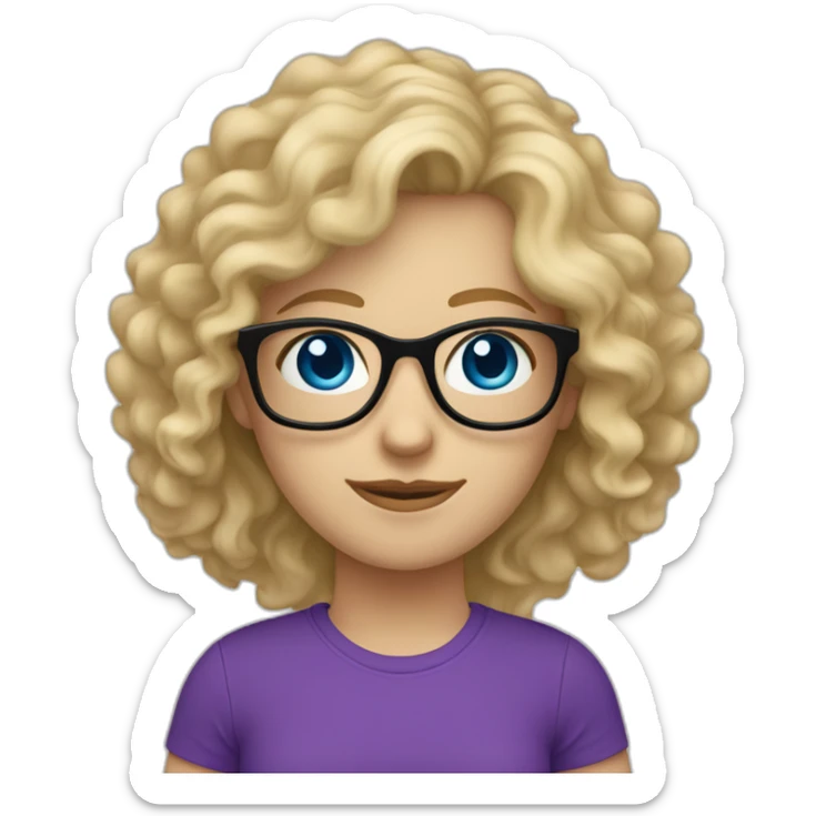 caucasian curly blonde long haired blue eyed woman with purple t-shirt and black glasses sticker
