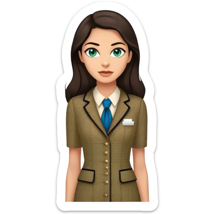 a 30 year old female venture capitalist with 50% greek and 50% american genes, 6 ft tall, long dark brown hair and blue/green eyes, wearing a chanel tweed professional dress, tan skin (make teh eyes a little less bright) sticker