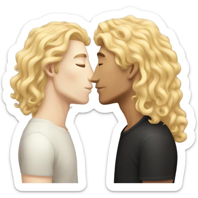 pale man with long blonde hair kissing a tan man with curly black hair sticker