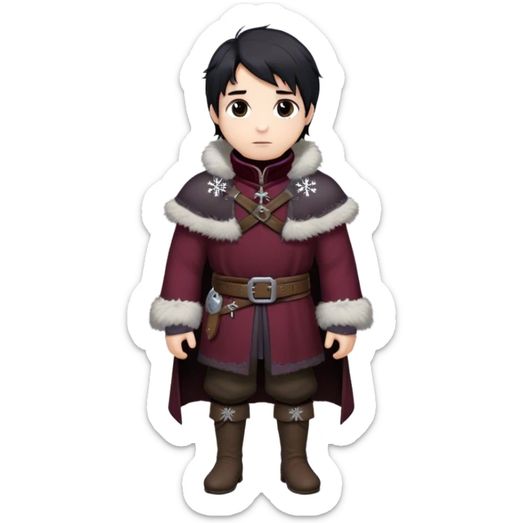 Medieval winter outfit worn by a DnD themed fantasy male character. Heavy maroon wool tunic with rabbit fur trim, featuring a high collar with silver clasps, belted with a sturdy leather strap. Clothes only above the waist, full waist coverage. The character has no arms. Character is white-skinned with raven black hair, deep brown eyes, and short messy hair dusted with snowflakes. sticker