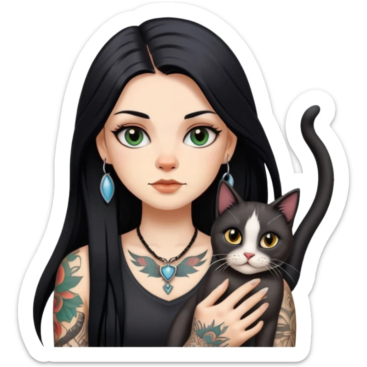white girl with long black  straight hair and tattoos and  a German Cat sticker