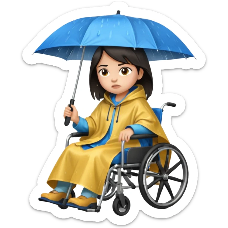 Girl with dark hair  in a wheelchair with rain poncho mad with raining  sticker