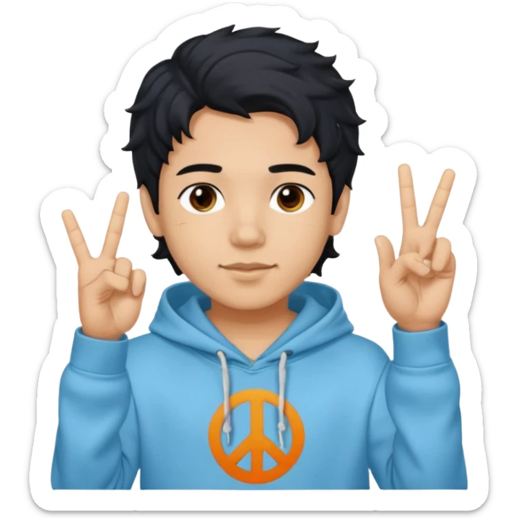 An indian boy in a light blue hoodie with wavy flow hairstyle showing peace sign, with black hair color sticker