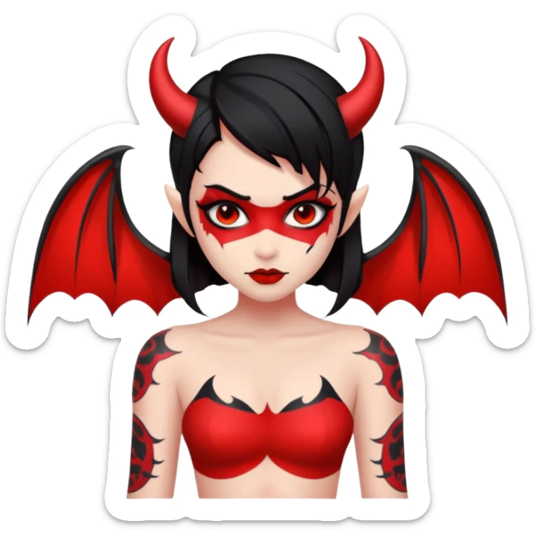 Demon girl: red skin, black hair, small horns, bat wing; tattoo-flash comic style; red/black palette; bold outlines; dark background; no text. sticker