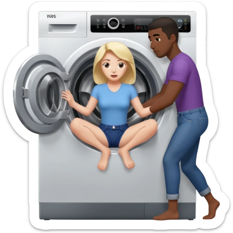 Eine Frau steckt bis zum Bauch in einer Waschmaschine fest und nur die Beine gucken raus und zwei schwarze männer ziehen an ihren Beinen um sie raus zu holen  sticker