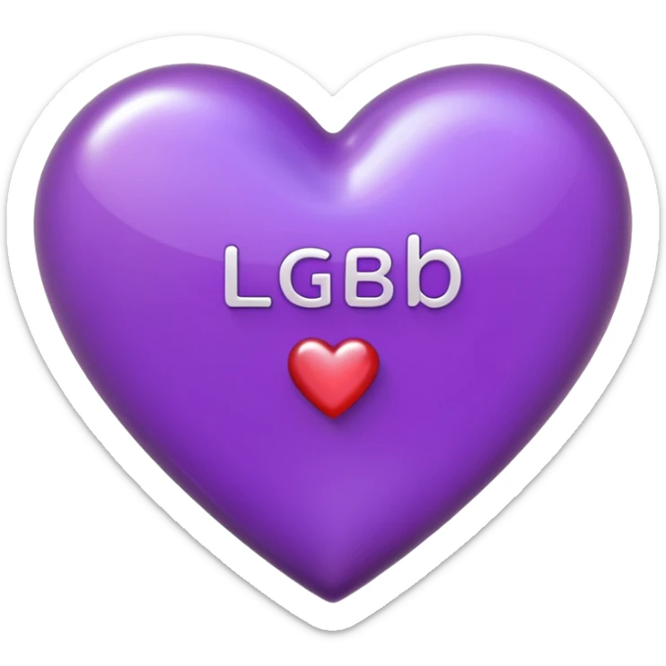 A photograph of a high-quality 3D purple heart-shaped emoji with a polished, glossy finish.The texture is smooth and candy-like, with a glass-like sheen that gives it a modern, high-end aesthetic. Add text as "LGB" in centre of heart sticker