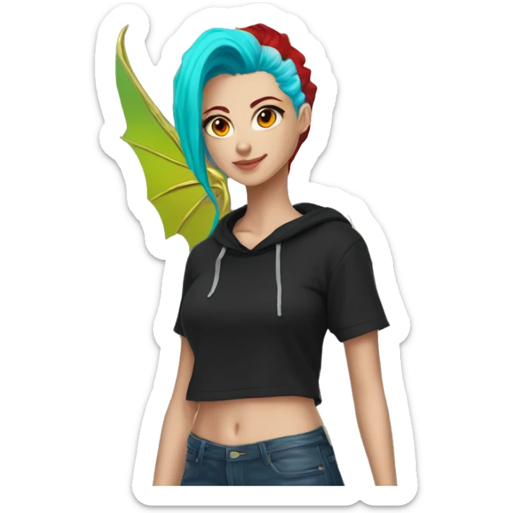 Lady with brunette and iridescent blue hair, gold, lime green dragon wings, black hoodie, bleach dyed, black and gold Nike t shirt, and bright red eyes sticker