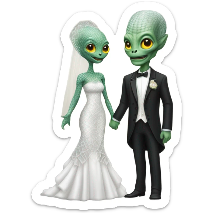 Alien reprilian woman in wedding dress, and one humman man in a tuxedo holding hands getting married sticker