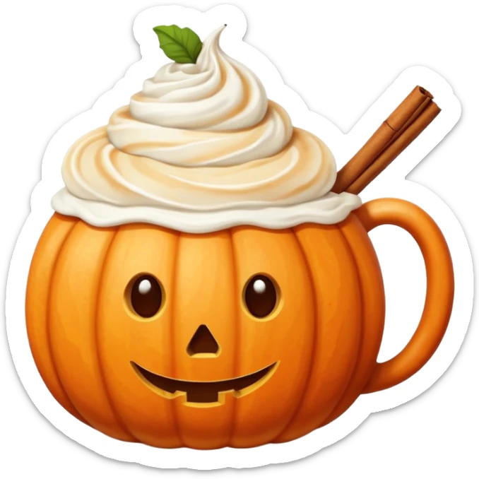 Round pumpkin-shaped mug with whipped cream swirl and one cinnamon stick, warm orange and cream tones. sticker