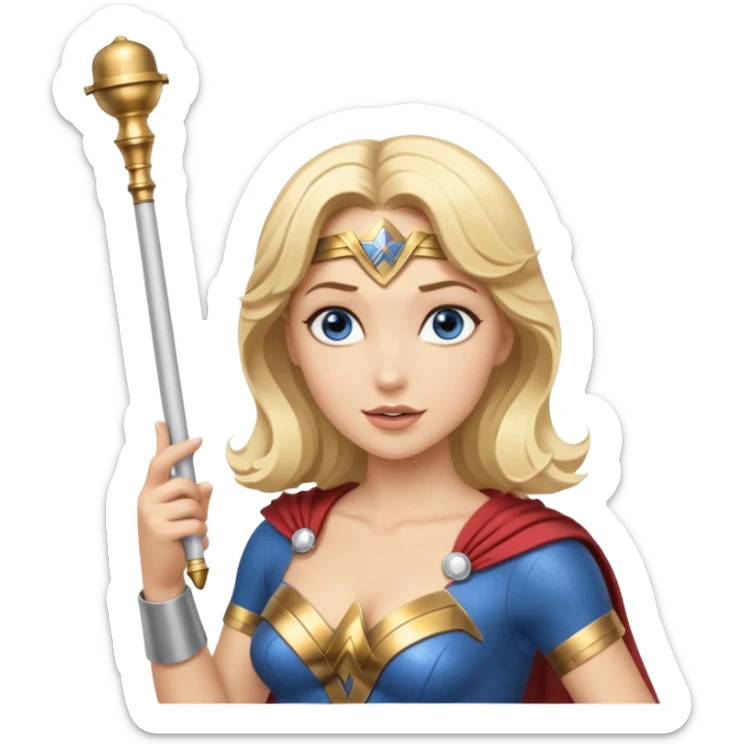Blonde blue eyed Wonder Woman holding white orchestra conductor’s baton and bell  sticker