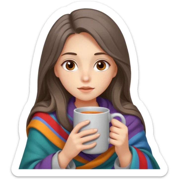 Brown-eyed, fair-skinned girl with long hair down to her shoulders, wrapped in a gray blanket, drinking from a New Year's mug sticker