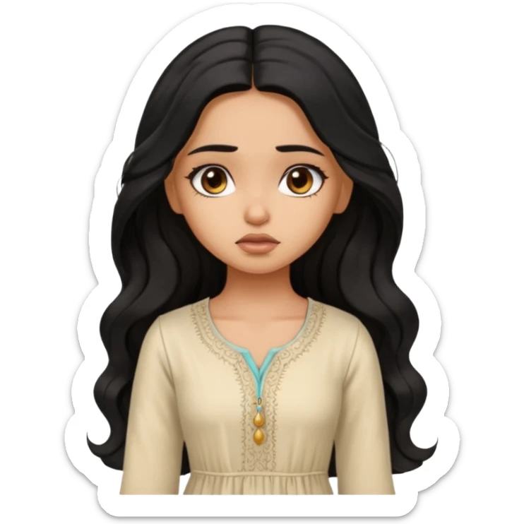a pretty tan bratz girl with long wavy black hair, wearing a light kurti. looking sad sticker