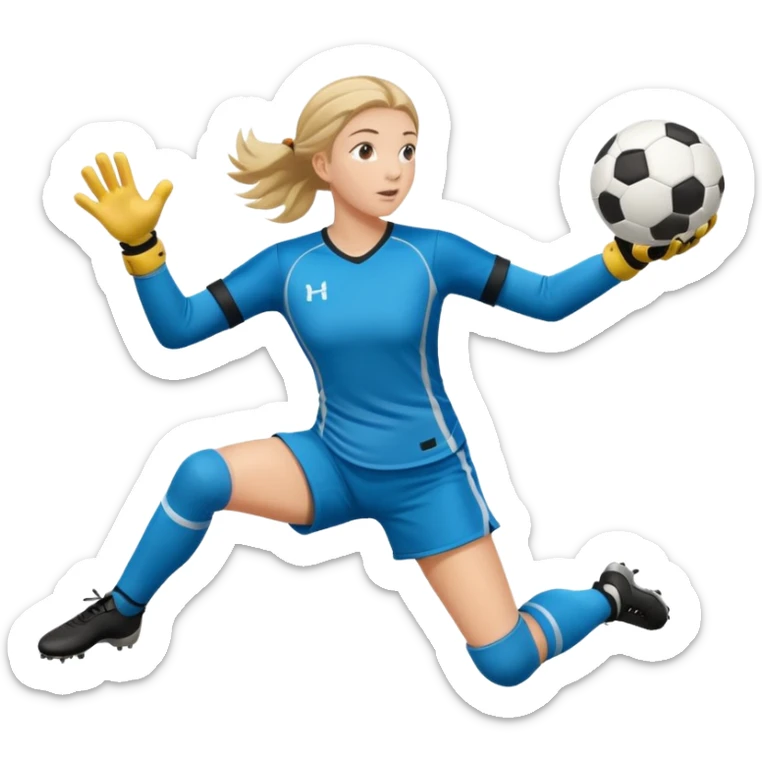 make a girl goalie diving through the air sideways with one soccer ball in her hands  sticker